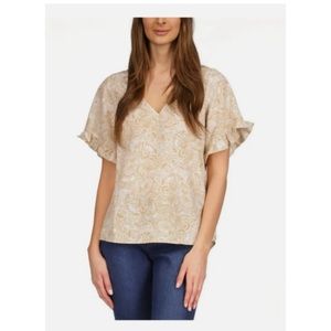 Michael Kors blouse, beige/ white print ruffled short sleeve slit round back hem